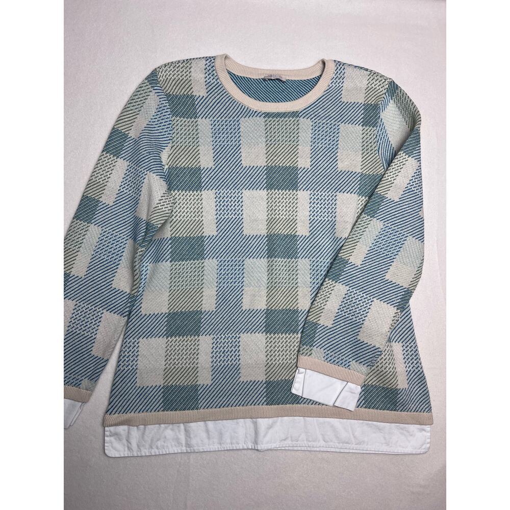 Talbots Crew Neck Shirt Tail Sweater Faux Cuffs Off White/Blue Cotton Size Med